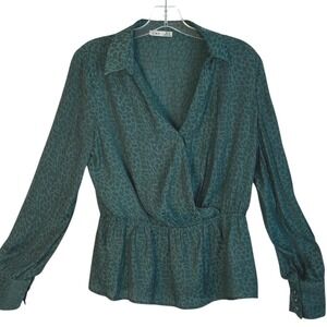 DEX Blouse Green Animal Print Long Sleeve‎ Blouse Top Peplum Elasticized Waist M